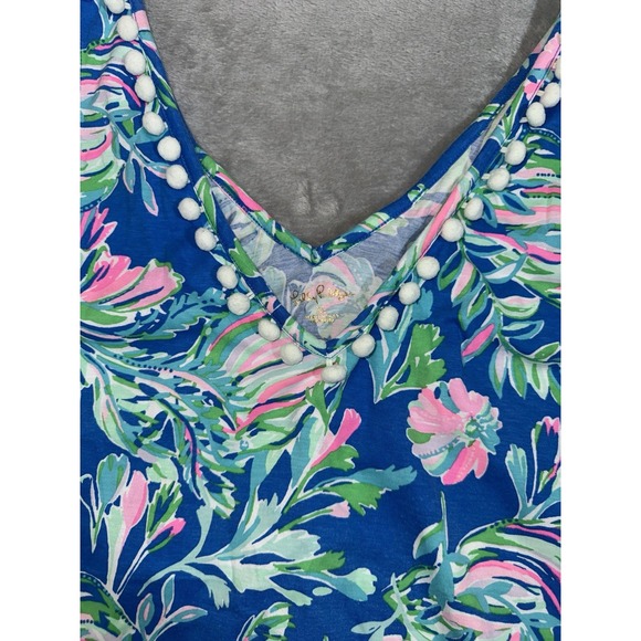 Lilly Pulitzer Camilla Dress XL Blue Tropical Floral Pom Pom Trim Cotton - Picture 4 of 8